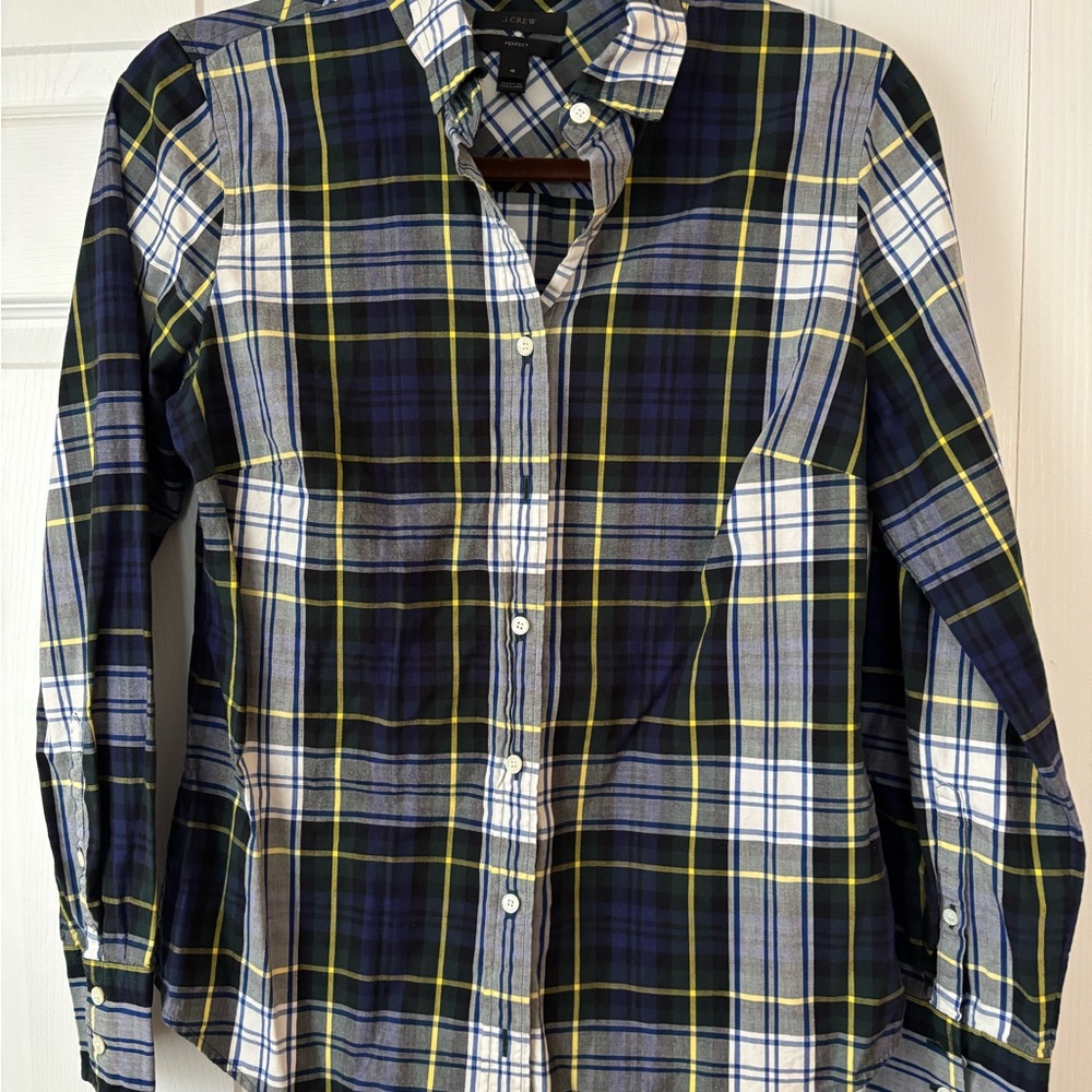 J. Crew Woman's Plaid Shirt - Navy, Yellow, White